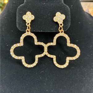 Gold Tone Clover Earrings Rhinestone Jewelry Dangle Post Pierced